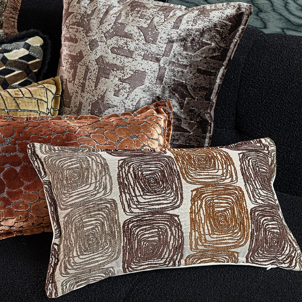 Square cushion cover with abstract coil pattern in cream and coffee colours for sofa decoration