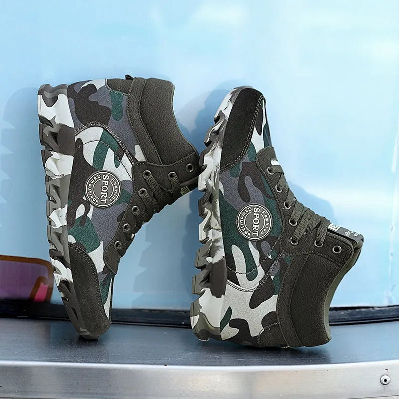 Women's green camouflage canvas sneakers with rubber soles shown in casual setting
