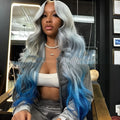 Grey blue gradient human hair headgear with 4x4 lace front in Ruili style