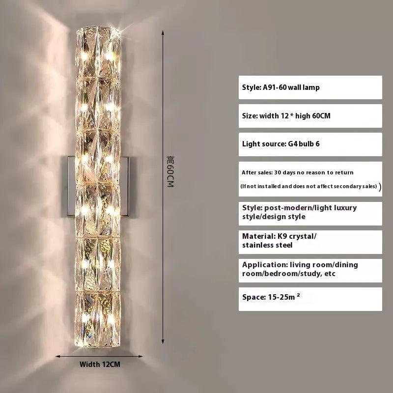 Crystal wall lamp with metallic finish and LED tri-colour lighting in multiple size options
