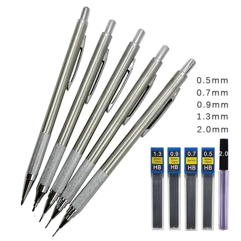 Metal automatic mechanical pencil shown with selection of compatible lead sizes including 0.5mm and 2.0mm.
