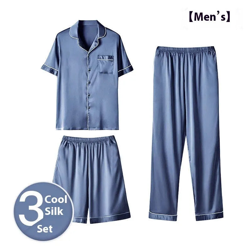 Men's ice silk three-piece home wear suit showing short sleeve top, shorts, and trousers laid flat.