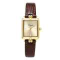 Women's retro small square watch with black leather strap and gold frame, 8mm thickness