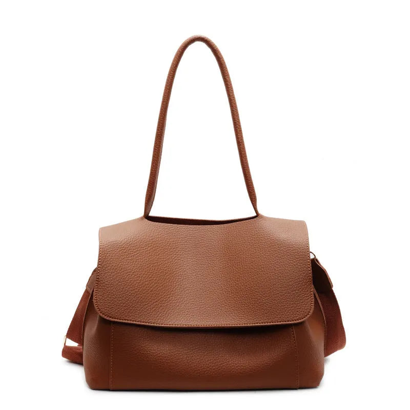 Horizontal square PU leather tote bag in vintage casual style with double shoulder straps.
