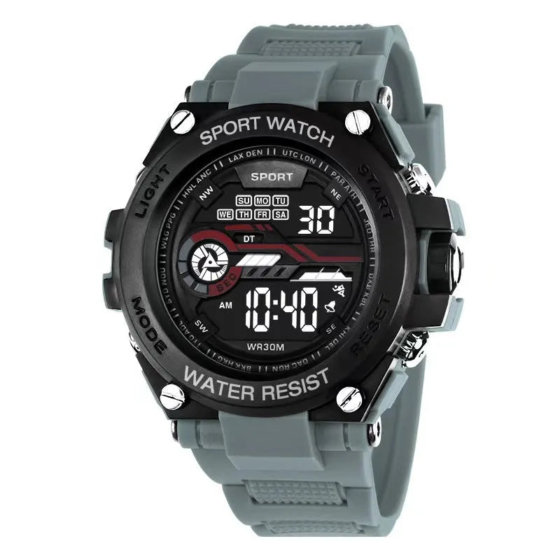 Fashion electronic digital watch with silicone strap shown in one of 10 available colours.