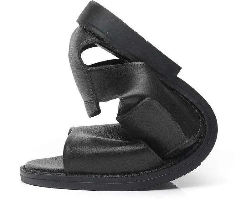Men's black leather Roman sandals with an open toe and rubber sole on a white background.