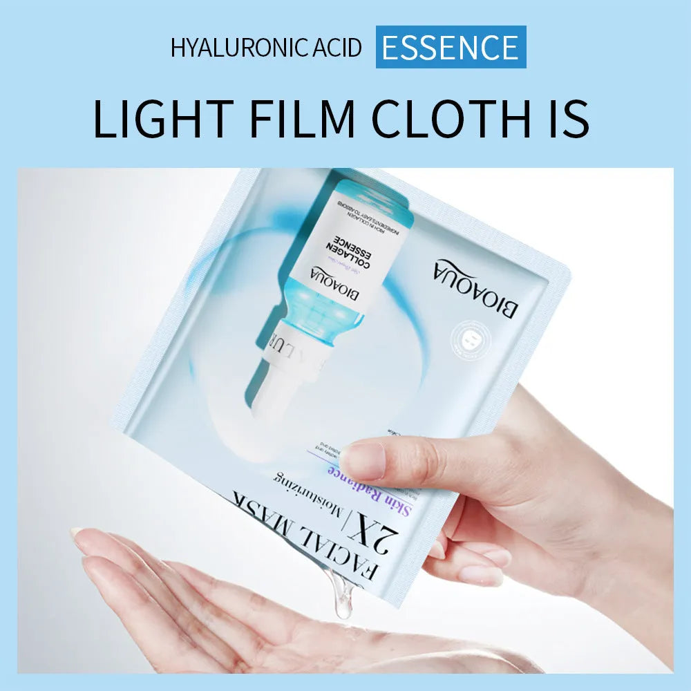 Single-use gel facial sheet mask in packaging, 30g collagen or hyaluronic acid formula.
