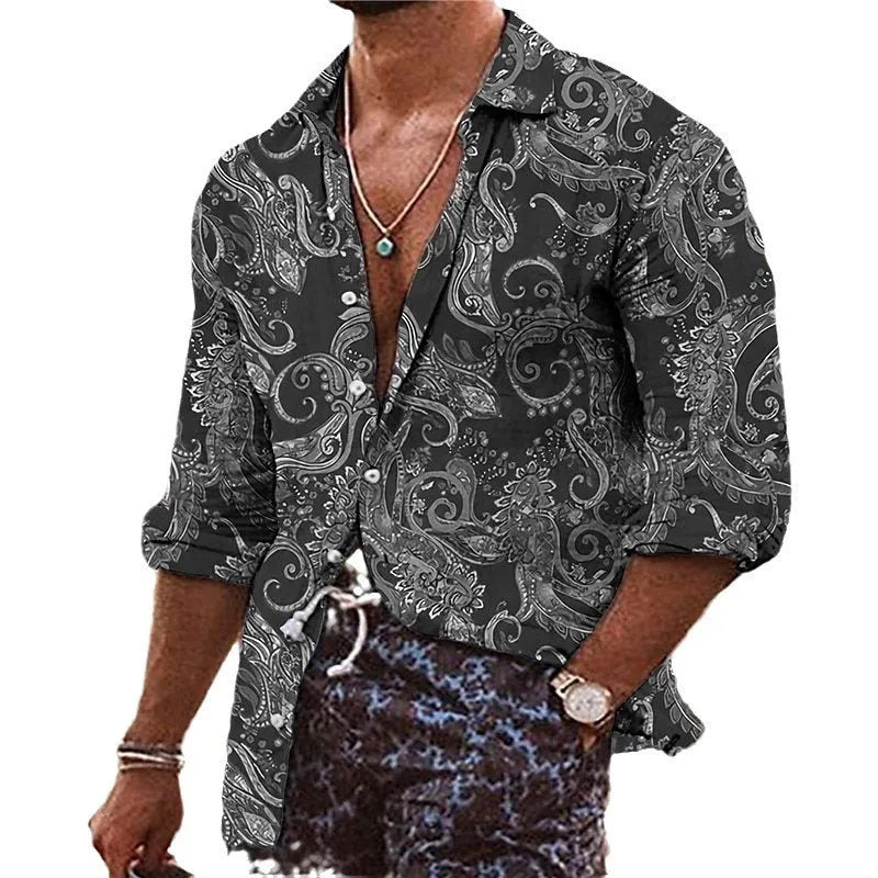 Men's loose-fit long-sleeve shirt with a detailed 3D floral pattern in a blue colour variant.