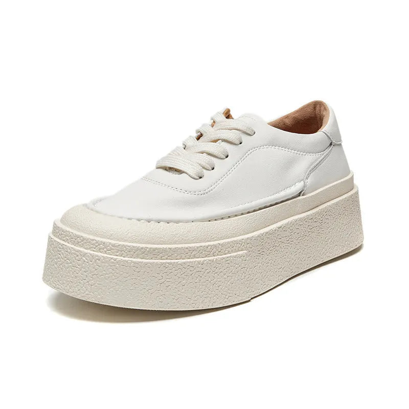 Women's black platform sports board shoes with cowhide leather upper and round toe design