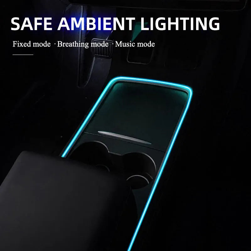 Car interior USB LED atmosphere light with colour-changing function installed along centre console