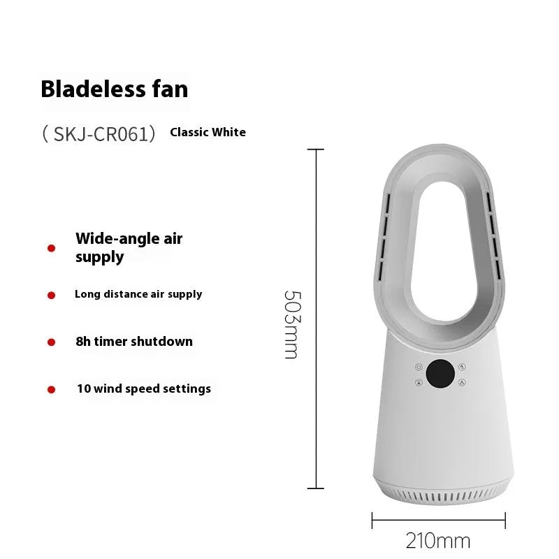 White SK bladeless tower floor fan with touch screen controls and remote