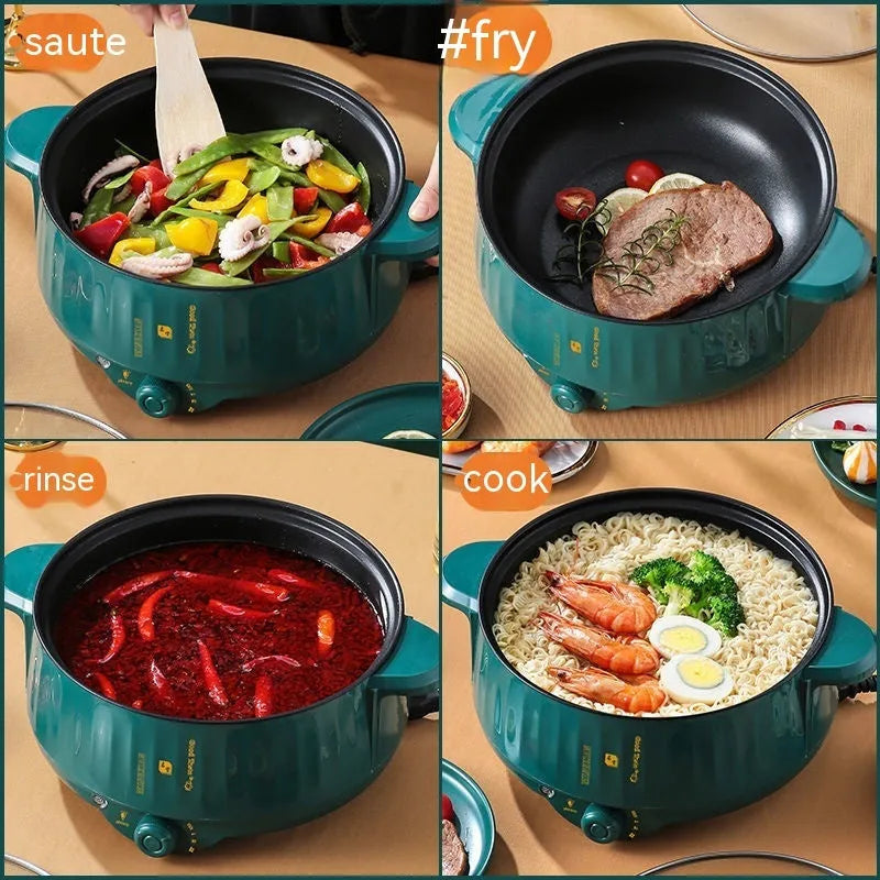 Non-stick electric hot pot with integrated heating element in stainless steel body, available in multiple sizes