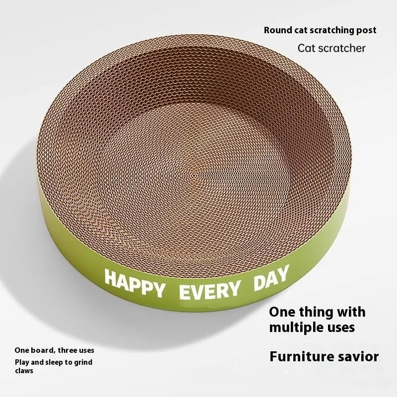 Green round cat scratching board nest bed with removable cushion, shown in 50cm and 55cm size options.