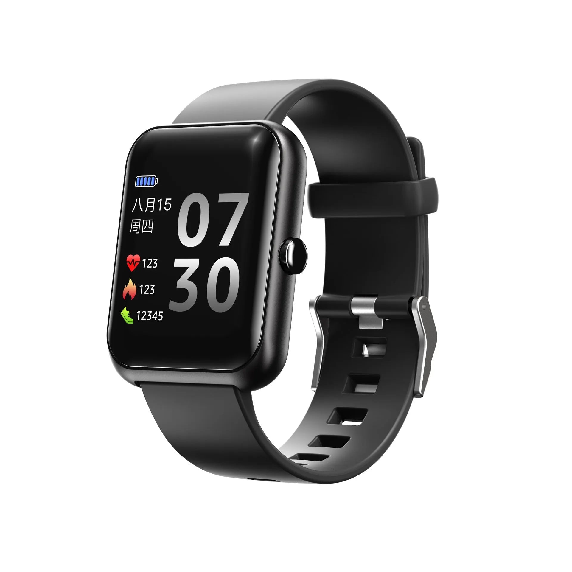 Square dial smart couple bracelet with silicone strap and aluminium case in five colour options.