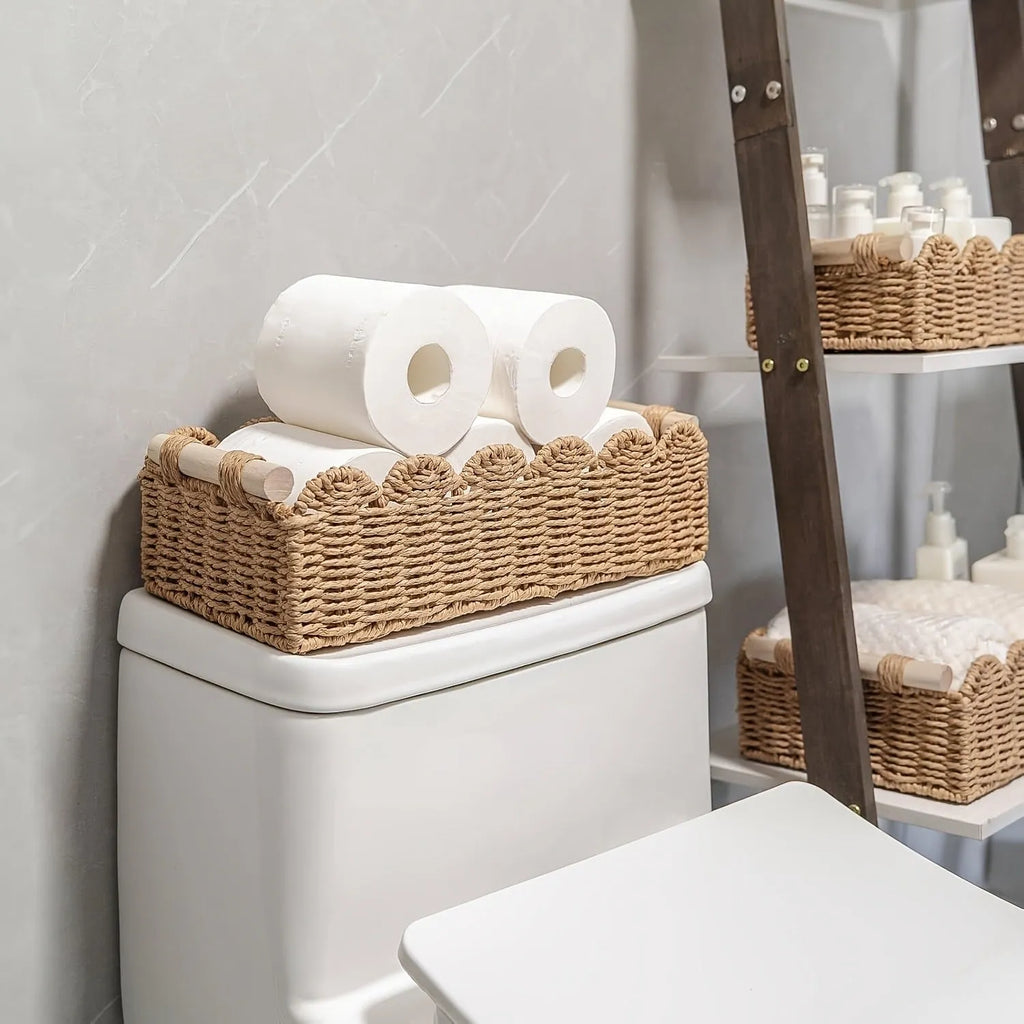 Woven paper storage basket measuring 35.5cm x 16cm x 10cm in khaki colour on desktop