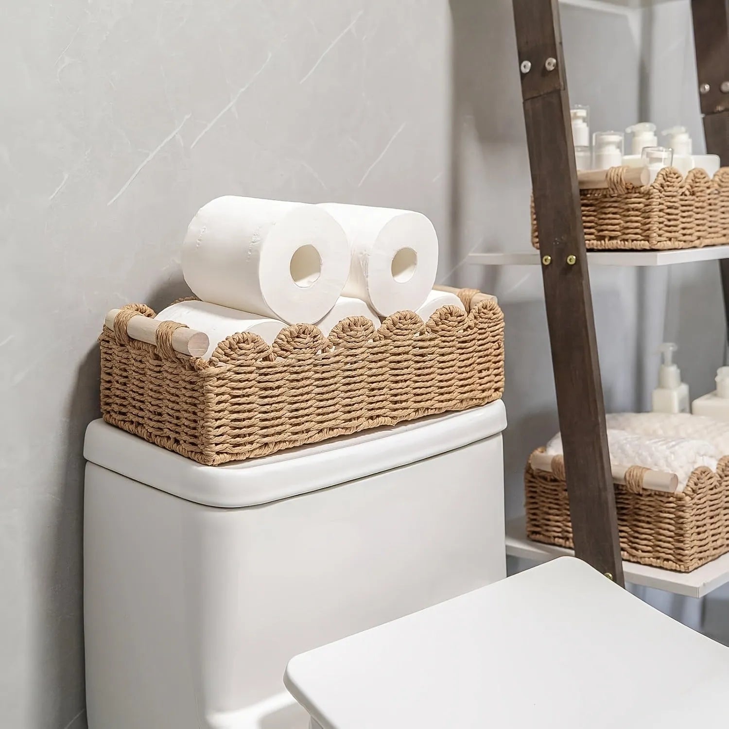 Woven paper storage basket measuring 35.5cm x 16cm x 10cm in khaki colour on desktop