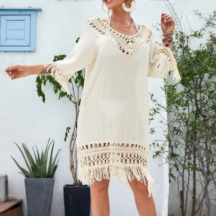 Apricot crocheted patchwork midi dress with half sleeves for summer beach or street wear