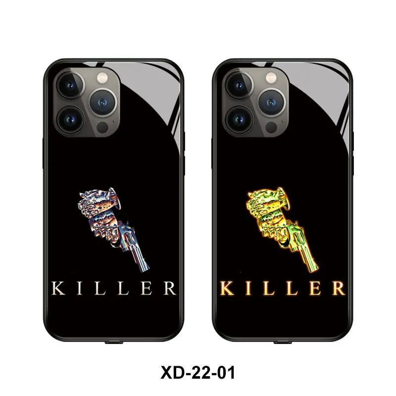 Smart luminous TPU and tempered glass protective case for iPhone models, showing one of the graphic design variants.