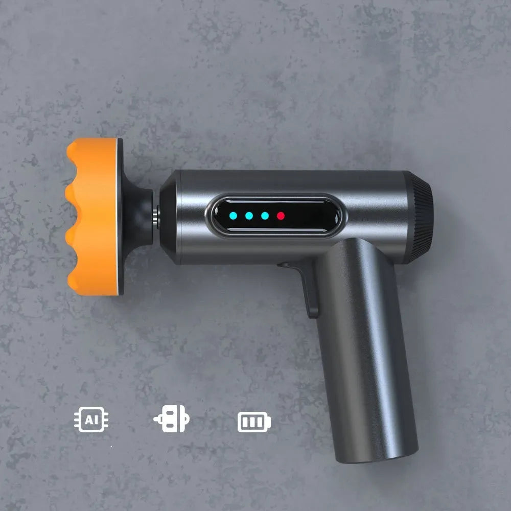 Cordless electric waxing and polishing machine with white ABS housing and a grey polishing disc.