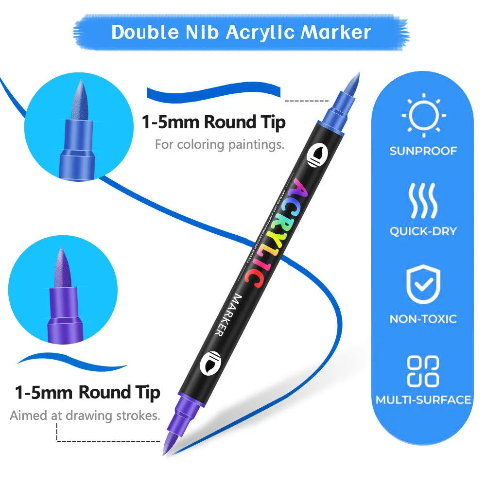 Set of double-headed washable acrylic marker pens in assorted colours, showing two tips on each pen.