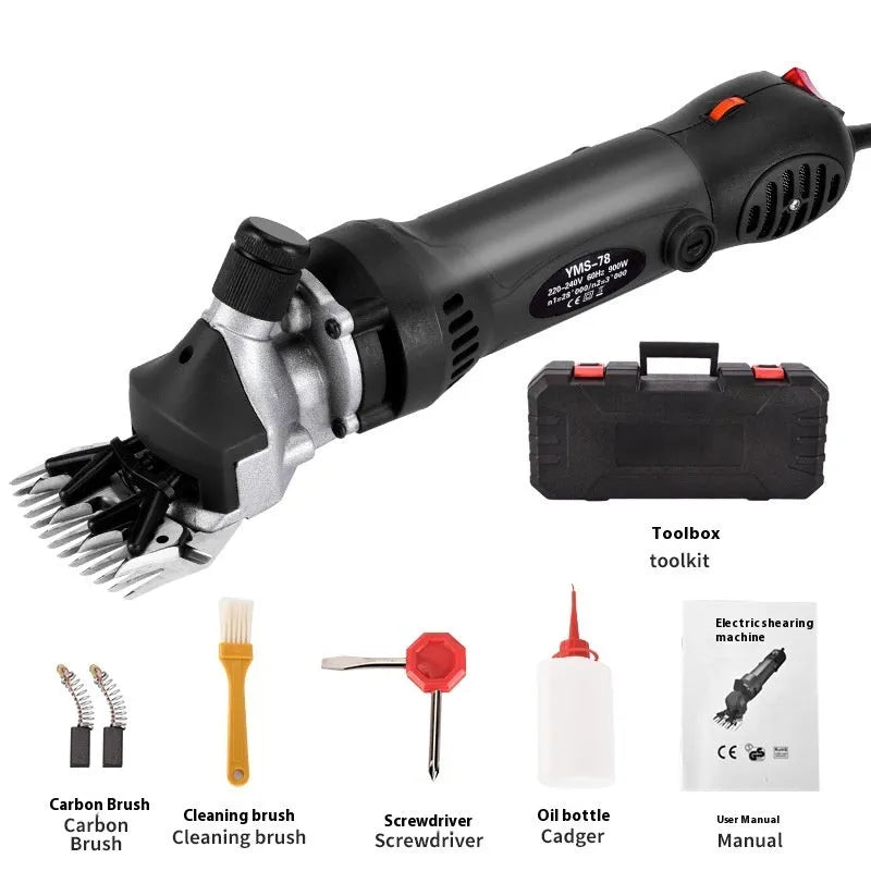 Yellow electric wool shearing machine with 110V plug and multiple blade sets in storage case