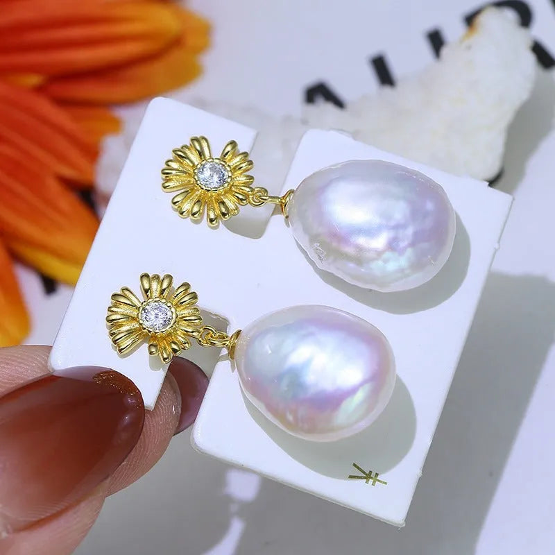 Baroque sterling silver S925 earrings with attached ring holder in gold or silver finish.