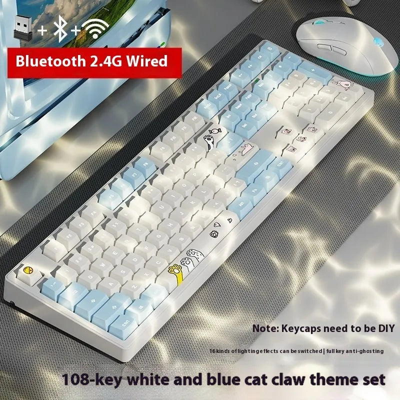 Triple-mode mechanical keyboard in various colour options showing 87-key and 108-key layouts