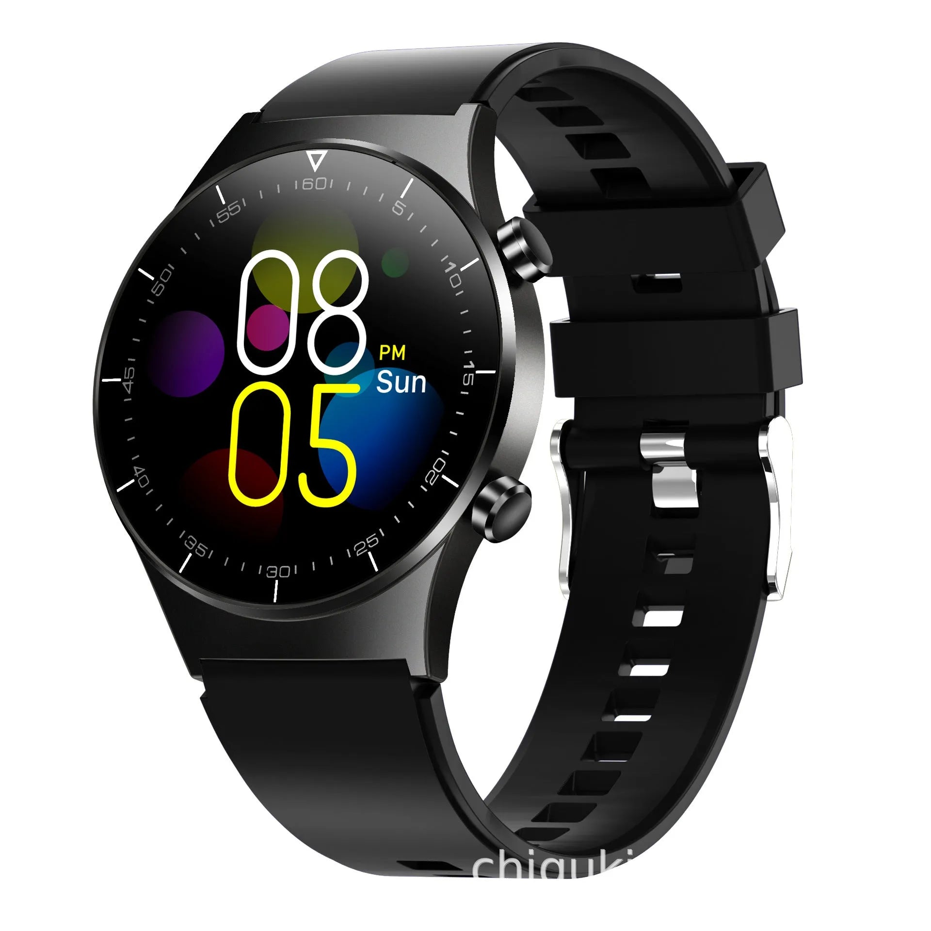 Black smart watch with TPU wristband showing 1.28-inch touch screen displaying heart rate and step count
