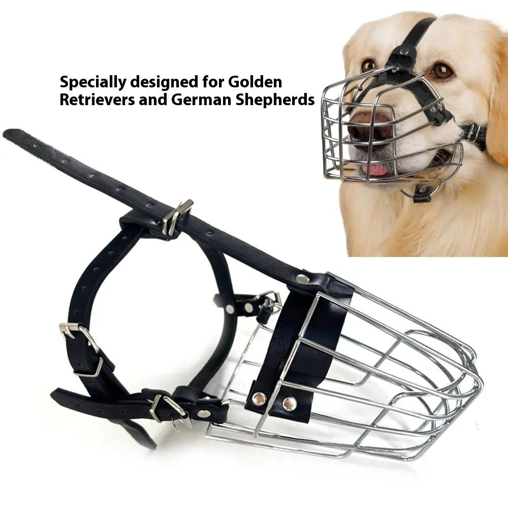 Black metal basket-style dog muzzle sized for a Golden Retriever or German Shepherd.