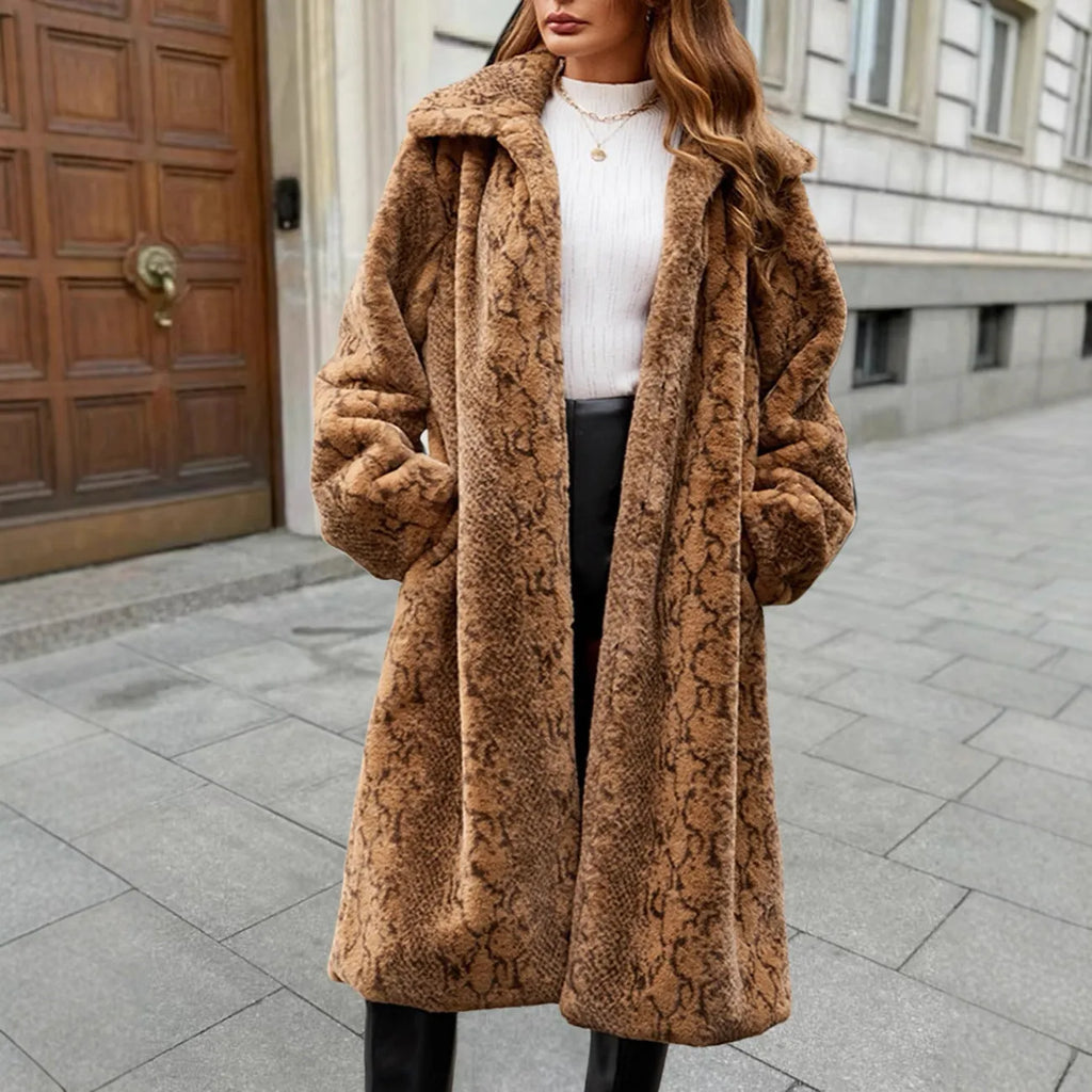 Women's long faux fur coat in leopard print design with regular sleeves, shown in 80cm length.
