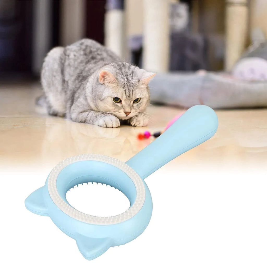 Blue and white double-sided pet grooming brush with quick-clean button and ergonomic handle for cats and dogs