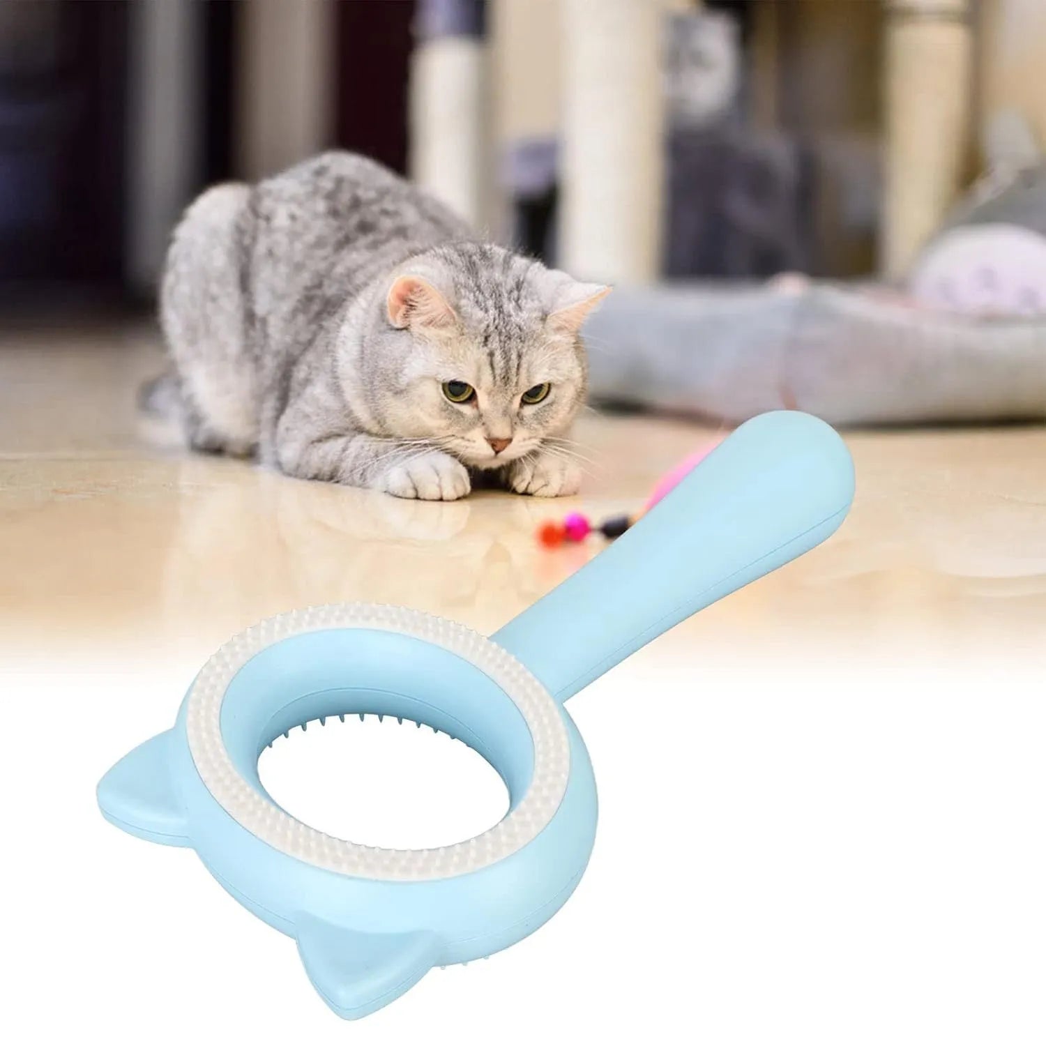 Blue and white double-sided pet grooming brush with quick-clean button and ergonomic handle for cats and dogs