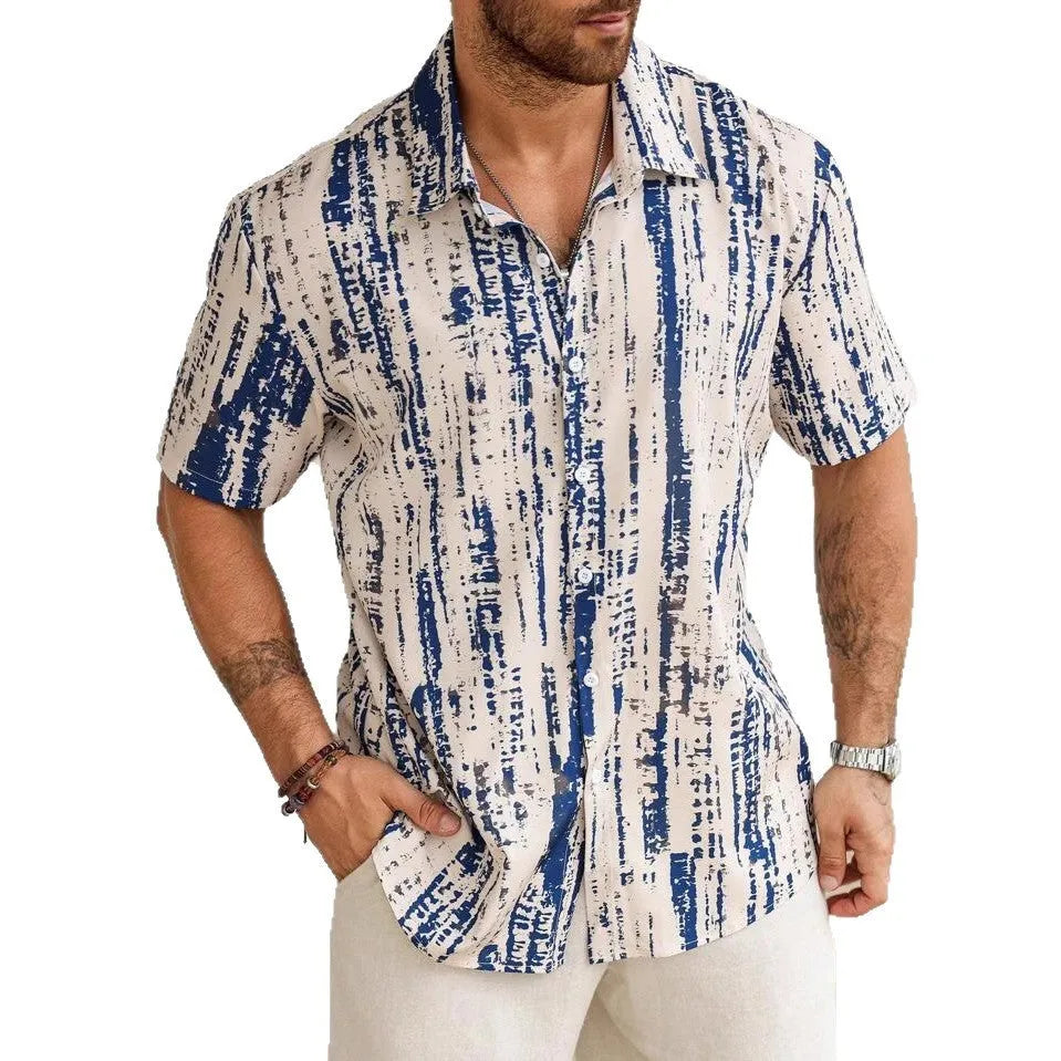 Men's striped short sleeve shirt in apricot colour with digital printed pattern