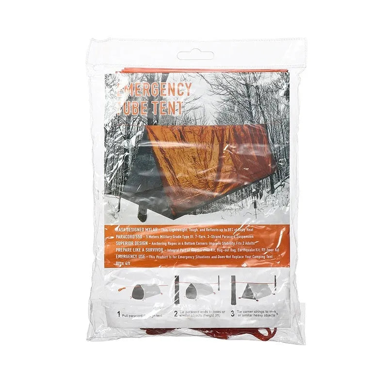 Orange emergency survival tent with sleeping bag and blanket for disaster relief