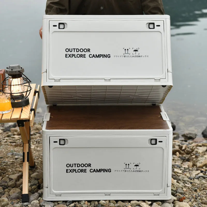 Large white foldable plastic storage box with a wooden lid, shown open and closed.