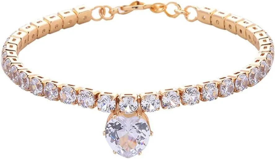 Gold heart-shaped rhinestone pet collar for dogs and cats with adjustable chain on a white background.