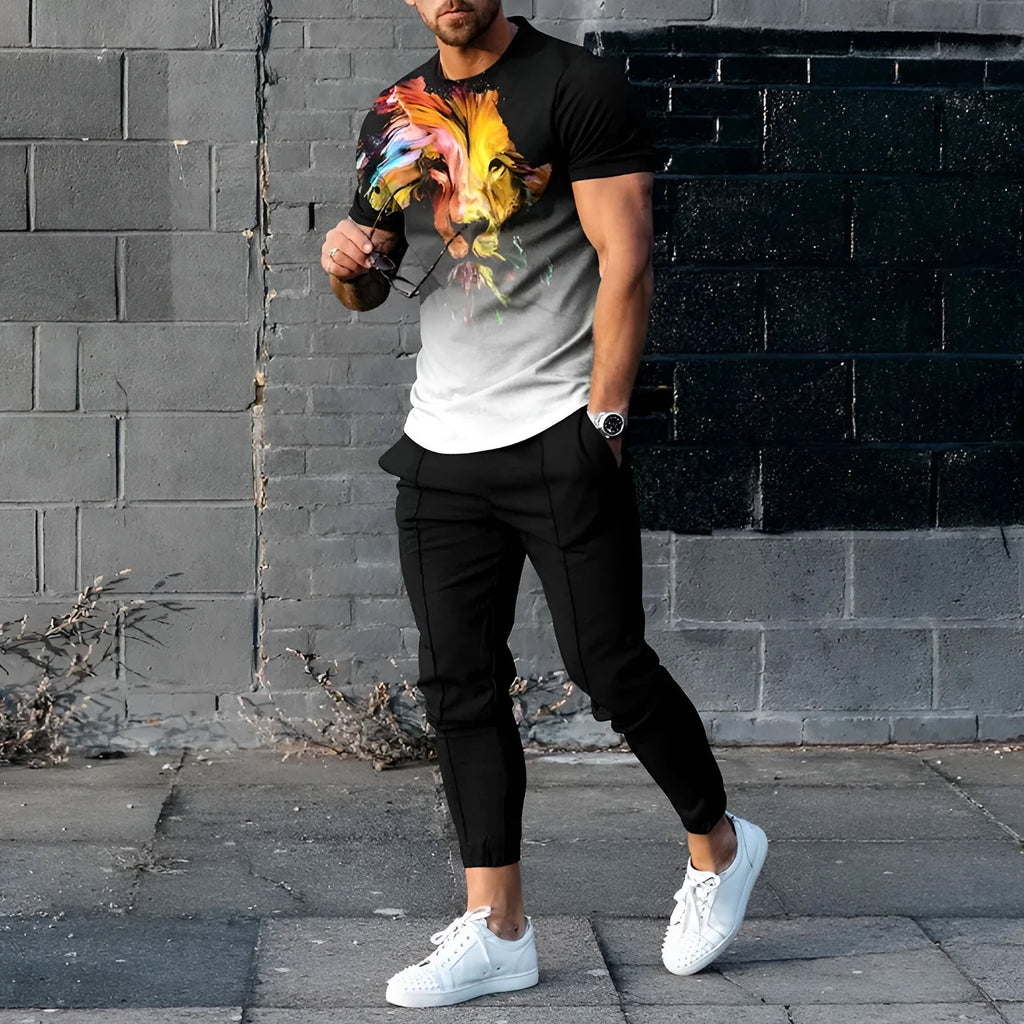 Man wearing a solid-colour short-sleeve top and matching trousers from a polyester sports set.