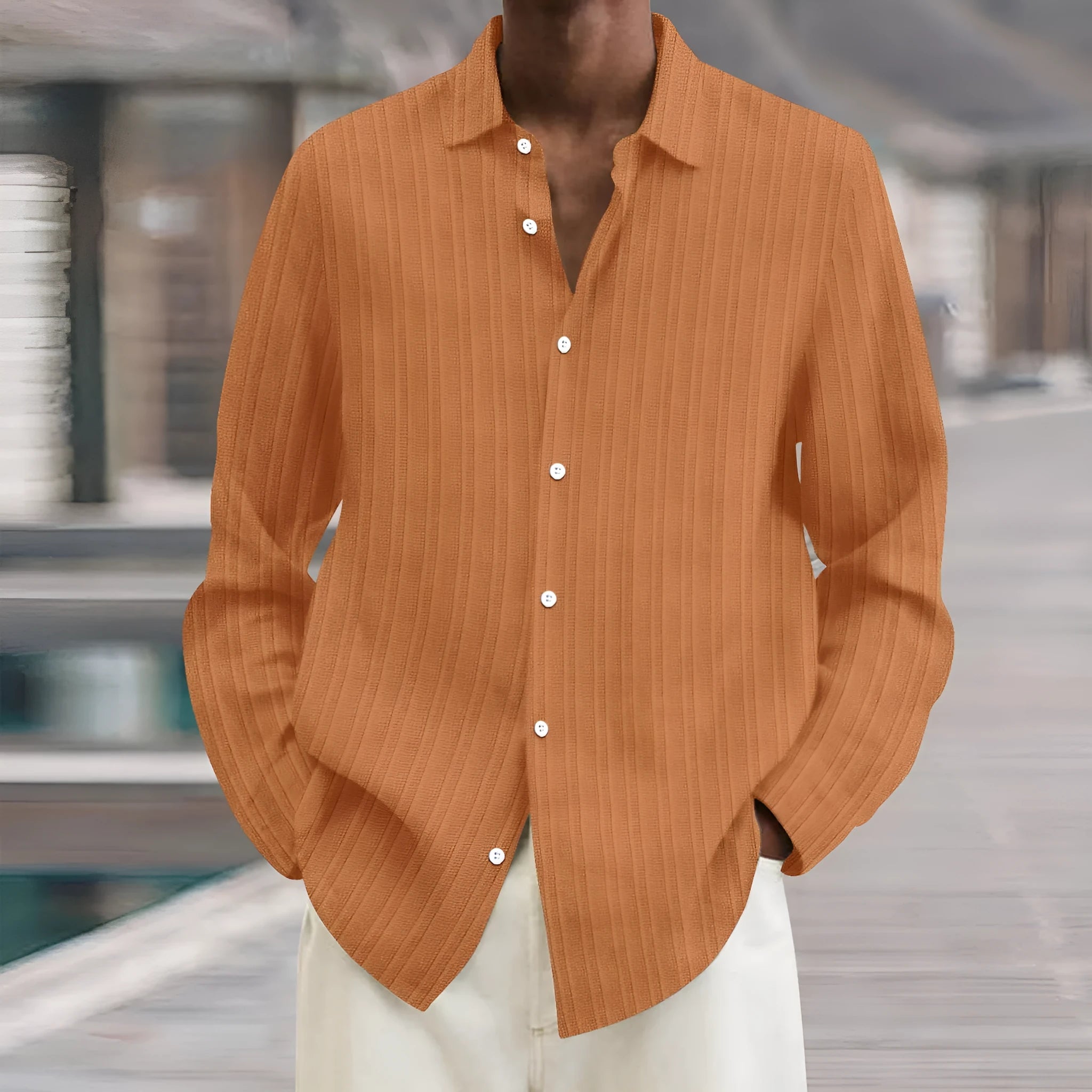 Men's striped cardigan shirt with long sleeves in loose fit British style design