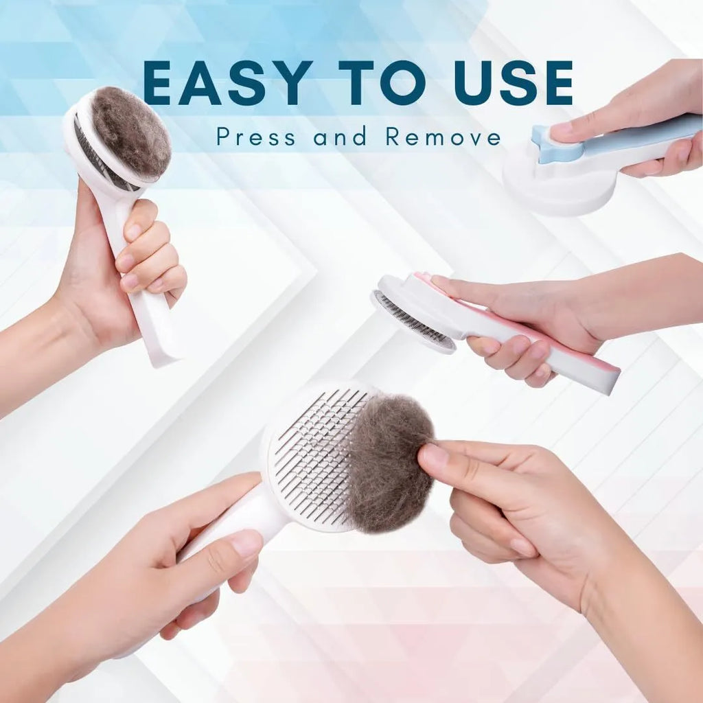 Blue self-cleaning pet grooming brush with rubber handle and stainless steel pins on a white background.