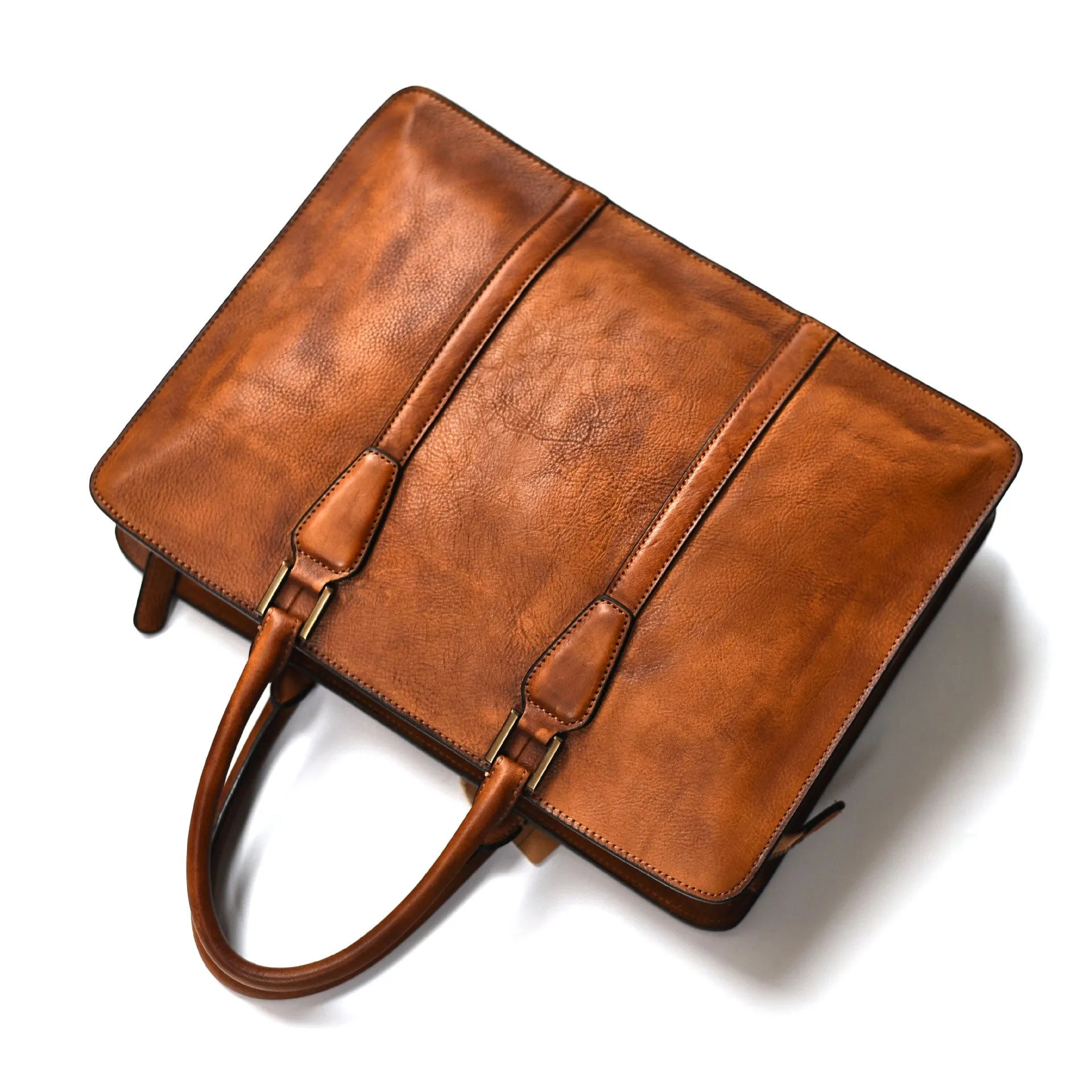 Men's 14-inch horizontal leather business handbag with zipper opening in khaki colour