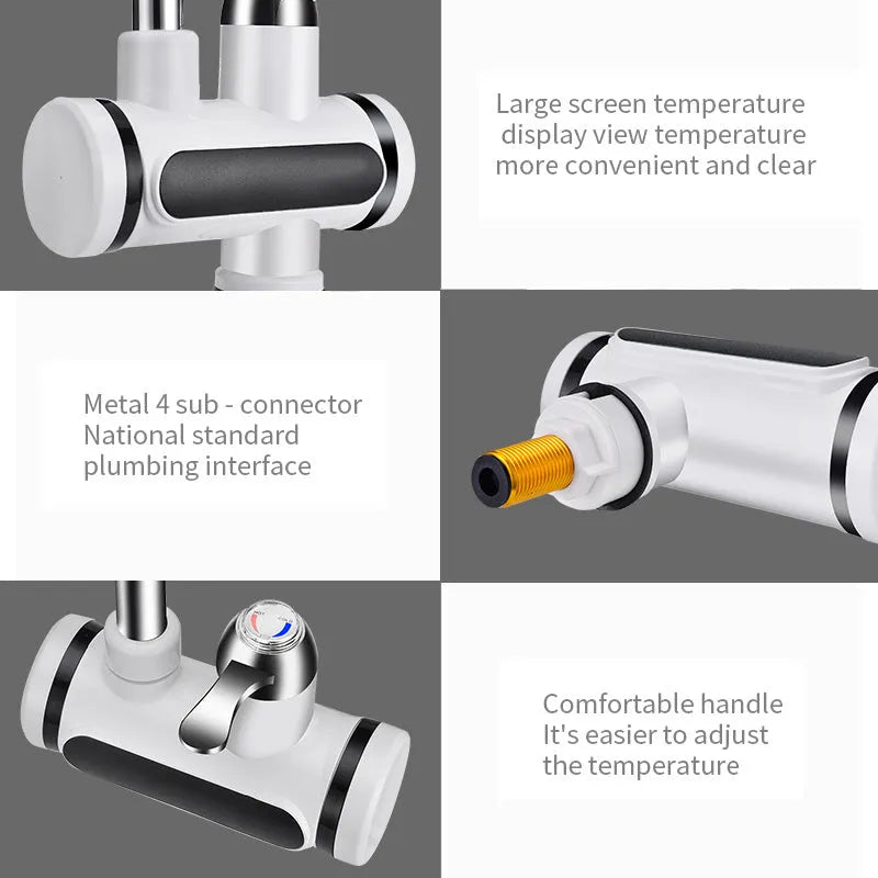 White kitchen instant electric water heater with digital temperature display and tap