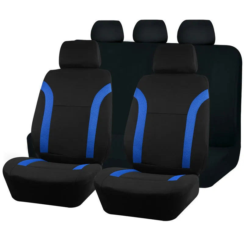 Polyester car seat covers with eyelet stitching in multiple colour options showing front and rear seat dimensions
