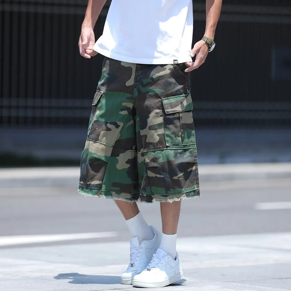 American retro camouflage shorts in loose fit design with cropped length for summer wear