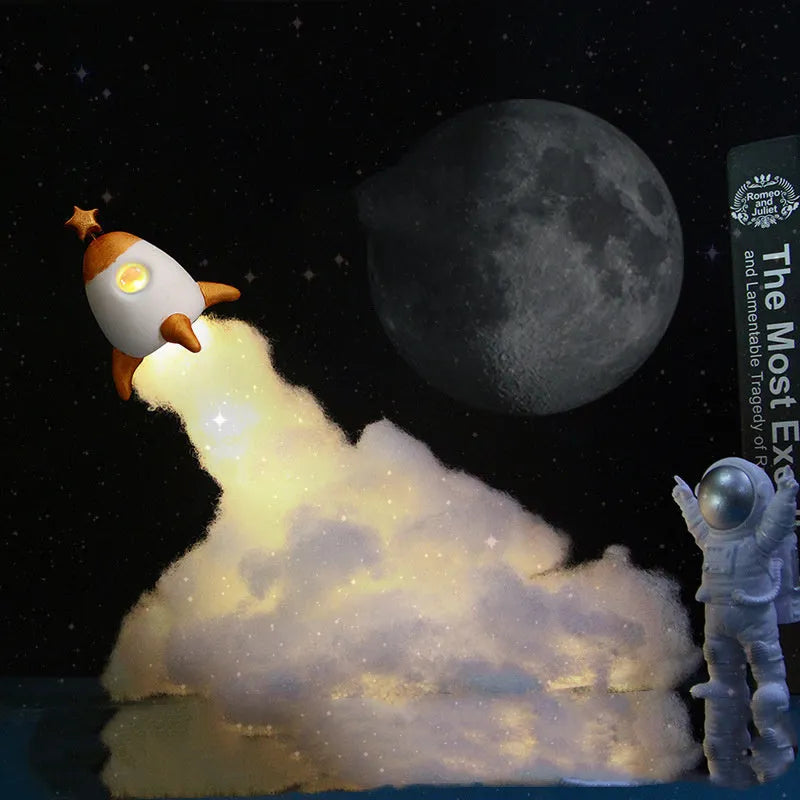 DIY astronaut rocket LED night light kit with warm white illumination and complete assembly materials
