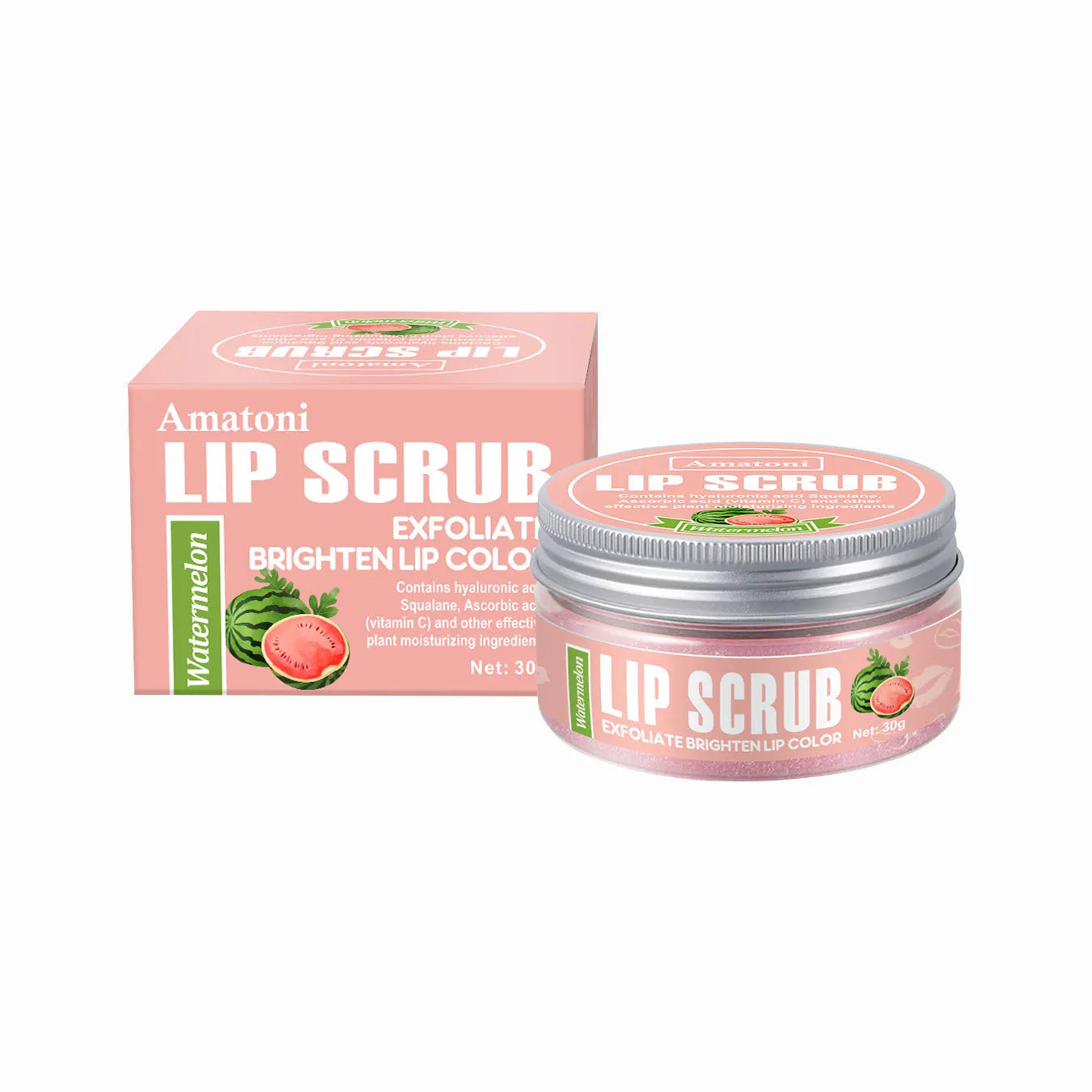 Amatoni fruit flavour lip scrub cream pot in 30g size with coconut, raspberry, vanilla, or watermelon options