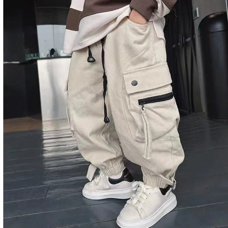 Children's cotton workwear trousers in beige and black for spring autumn