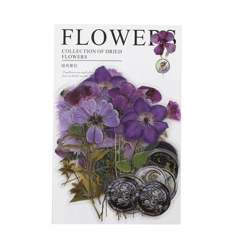 Creative dried flowers journal decoration sticker package showing eight colour variations on PET material