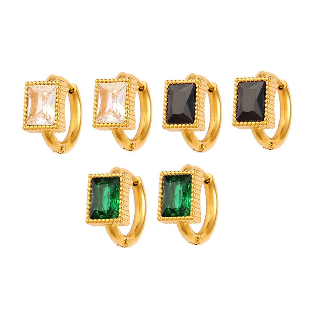 Geometric stainless steel earrings with square zircon stones in black, green, or white electroplated finishes