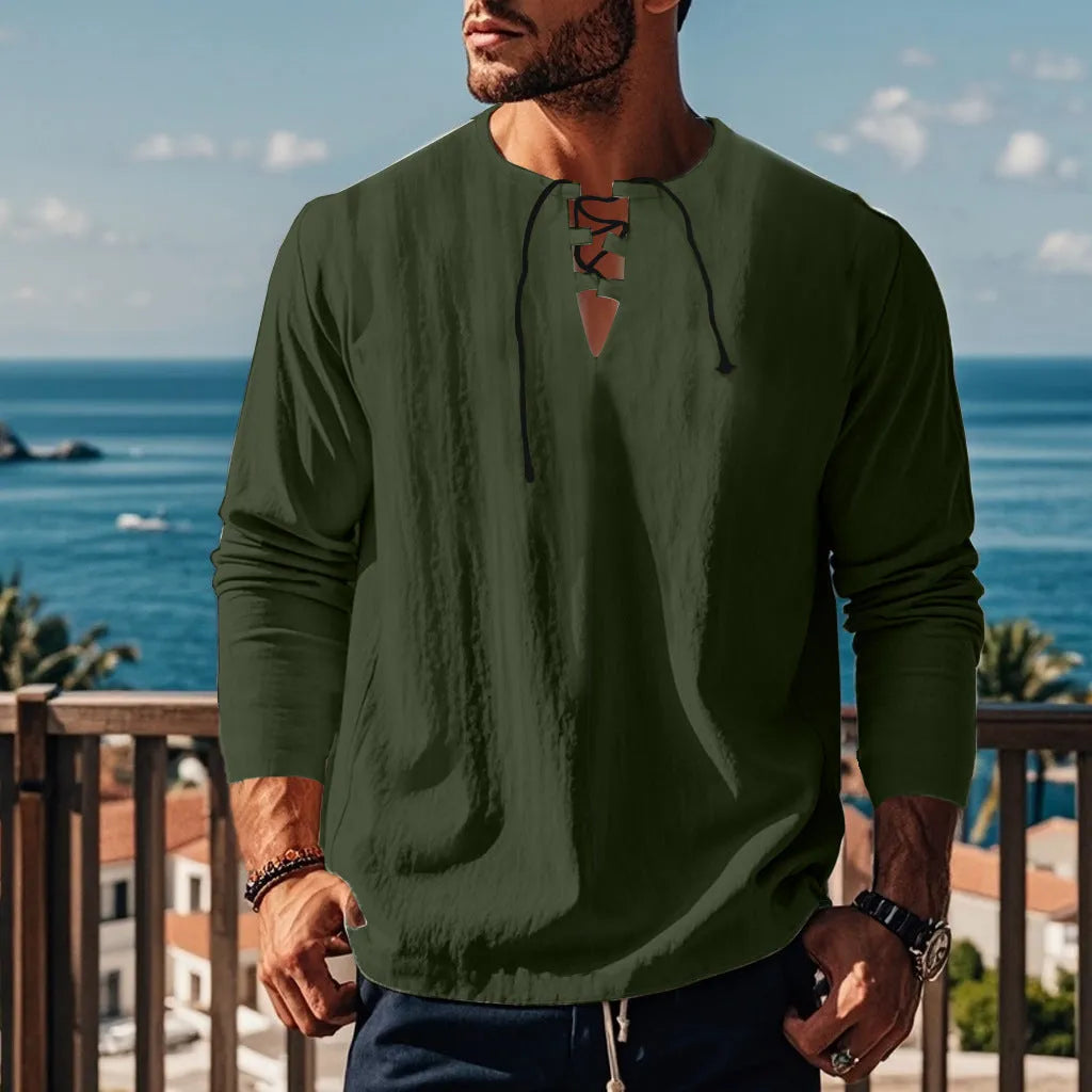 Men's solid colour cotton linen beach ruff pullover shirt in loose fit