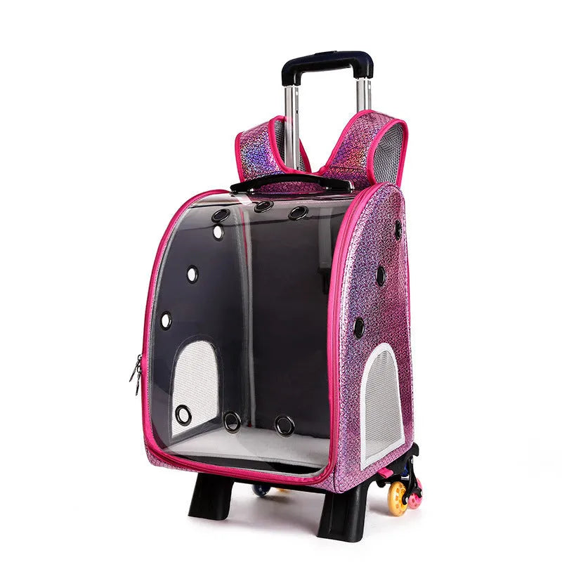 Transparent pet trolley bag for small dogs with foldable shoulder design and Oxford cloth construction